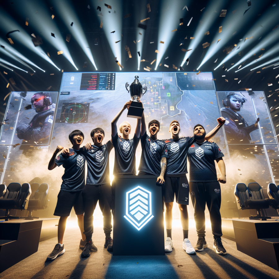 Esports champions celebrate 3–0 final win, Mirage Inferno Dust2, confetti falling